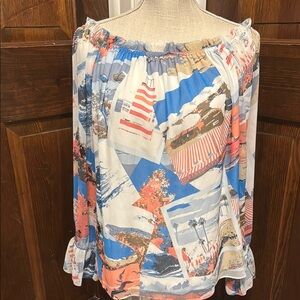 White House Black Market Off-Shoulder Postcard Scenic Coastal Blouse